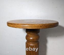 Antique Rustic Oak Wood Round Pedestal Table Plant Stand Fluted Column