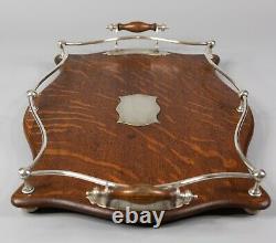 Antique Sheffield English Tiger Oak & Silver Plate Gallery Serving Tray C. 1900