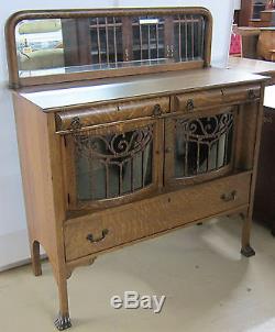 Antique Sideboard Tiger Oak with Curved Glass Doors