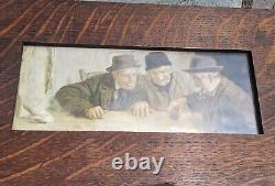 Antique Small Tiger Oak Wooden Frame Old Men Gambling Smoking Duck Print Decor