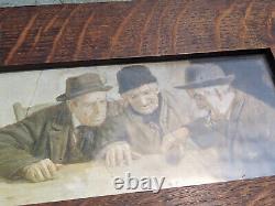 Antique Small Tiger Oak Wooden Frame Old Men Gambling Smoking Duck Print Decor