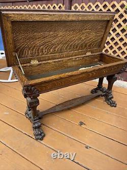 Antique Solid Tiger Oak Cabinet Mission Piano Bench with Storage Claw Feet