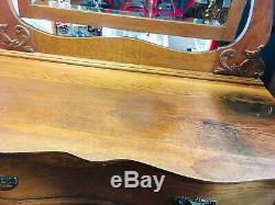 Antique Solid Tiger Oak Highboy Dresser Carved Mirror Chest Gentlemans Tall SHIP