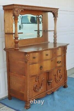 Antique Solid Tiger Oak Server Buffet Sideboard With a mirror