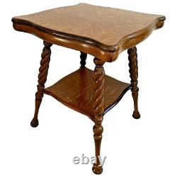 Antique Table Tiger Oak Thick top Barley Twist Leg Pub style bottom shelf
