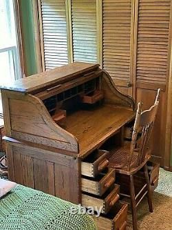 Antique Tiger Eye Solid Oak Desk Antique Chair Included