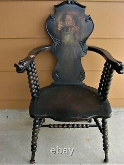 Antique Tiger OAK Fiddle SPOOL Dutch English Smoking Pub Portrait Chair Griffin