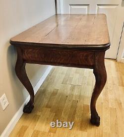 Antique Tiger Oak 2 Drawer Table / Desk with Handcarved Feet