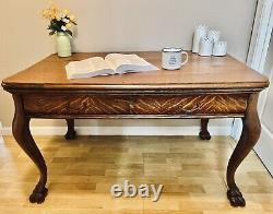 Antique Tiger Oak 2 Drawer Table / Desk with Handcarved Feet