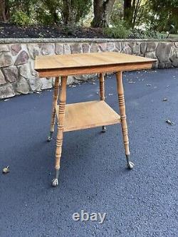 Antique Tiger Oak 2 Tier Parlor Table Claw & Ball Turned Legs 19th Century