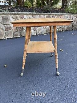 Antique Tiger Oak 2 Tier Parlor Table Claw & Ball Turned Legs 19th Century