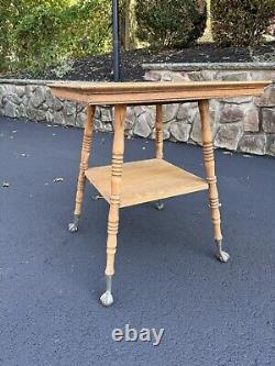 Antique Tiger Oak 2 Tier Parlor Table Claw & Ball Turned Legs 19th Century