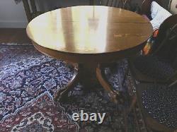 Antique Tiger Oak 45 Round Pedestal Dining Table on Casters UNIQUE base 24 ext