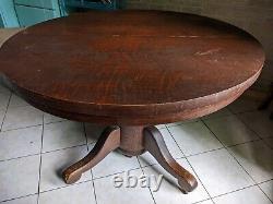 Antique Tiger Oak 48 Round Pedestal Dining Table on Casters 61 with 2 Leafs