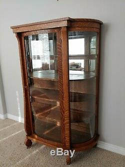 Antique Tiger Oak American China Hutch Display Curio Cabinet Curved Glass Sides
