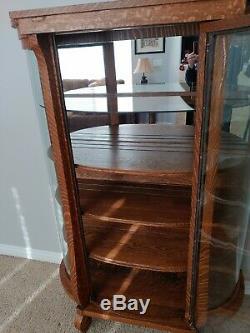 Antique Tiger Oak American China Hutch Display Curio Cabinet Curved Glass Sides