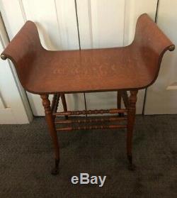 Antique Tiger Oak Bentwood Bench WithCurved Armrests Brass Finials & Claw Feet