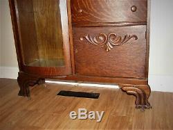 Antique Tiger Oak Bow Front Curio /Desk Heavy Carvings Beveled Mirrors