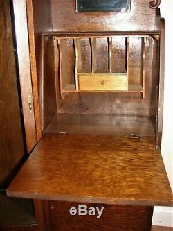 Antique Tiger Oak Bow Front Curio /Desk Heavy Carvings Beveled Mirrors