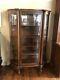 Antique Tiger Oak Bow Front Display / Curio Curved Glass Cabinet Wooden Shelves