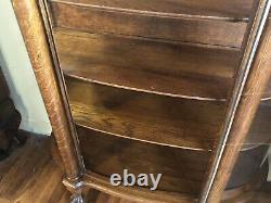 Antique Tiger Oak Bow Front Display / Curio Curved Glass Cabinet Wooden Shelves