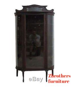 Antique Tiger Oak Bow Glass Curio Cabinet Display Hutch