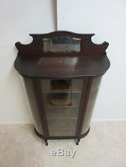 Antique Tiger Oak Bow Glass Curio Cabinet Display Hutch