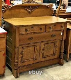Antique Tiger Oak Buffet Sideboard Back Bar with Carved Lion Heads Includes Key