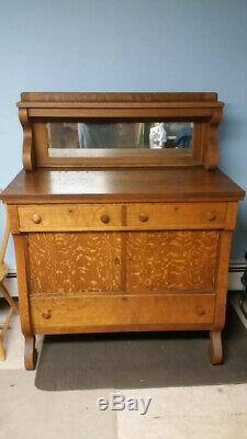 Antique Tiger Oak Buffet with Mirror and Shelf