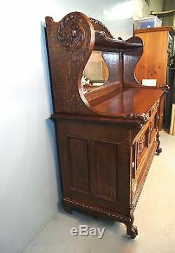 Antique Tiger Oak Carved 2pc Mirrored Sideboard Buffet Bar H70xW66xD27