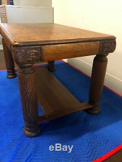 Antique Tiger Oak Carved Library Table Desk