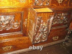 Antique Tiger Oak Carved Sideboard With Mirror