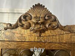 Antique Tiger Oak China Cabinet Curved Glass Sides, Lion Crest And Original Key