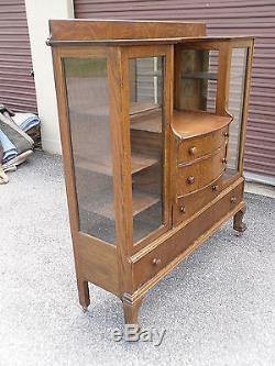 Antique Tiger Oak Claw Foot China Buffet With Double Curio Cabinets