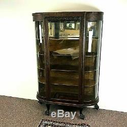 Antique Tiger Oak Claw Foot Curved Curio Display China Cabinet