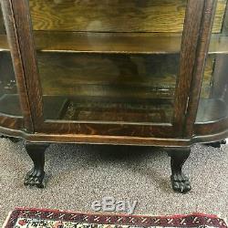 Antique Tiger Oak Claw Foot Curved Curio Display China Cabinet