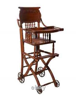 Antique Tiger Oak Convertible High Chair Stroller