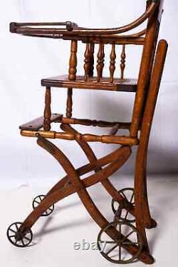 Antique Tiger Oak Convertible High Chair Stroller