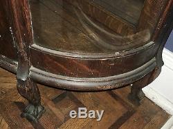 Antique Tiger Oak Curio Cabinet Curved Glass Mirrored Back Claw Feet RARE
