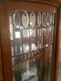 Antique Tiger Oak Curio Cabinet Curved Glass Mirrored Back Claw Feet with key RARE
