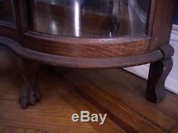 Antique Tiger Oak Curio Cabinet Serpentine Glass Mirrored Back Claw Feet RARE