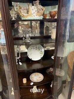 Antique Tiger Oak Curved Curio China Cabinet Ball And claw Feet. Lion Heads