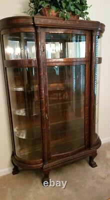 Antique Tiger Oak Curved Glass Canopy Claw Foot China Cabinet ca. Late 1800s