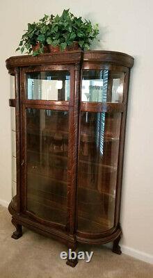 Antique Tiger Oak Curved Glass Canopy Claw Foot China Cabinet ca. Late 1800s