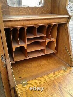 Antique Tiger Oak Curved Glass Secretary Side by Side Bookcase w Bonnet Top