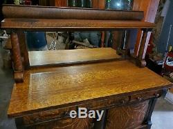 Antique Tiger Oak Dining Server with Mirror and Back Shelf BEAUTIFUL