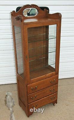 Antique Tiger Oak Doctor Medical Cabinet Oval Beveled Mirror Glass Display Shelv