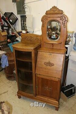 Antique Tiger Oak Drop Front Secretary Side by Side Bookcase with Mirror
