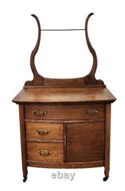 Antique Tiger Oak Dry Sink Wash Stand Cabinet With Towel Bar