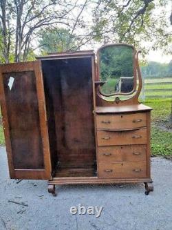 Antique Tiger Oak Gentleman's Chest of Drawers with Mirror Dresser- With KEY